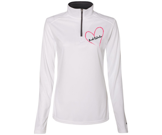 Quarter Zip - Women's Long Sleeve - White - Heart Real Estate - Font Imprint - Blank Back