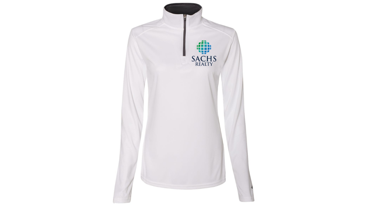 Quarter Zip - Women's Long Sleeve - White - Sachs Realty Imprint Front and Back